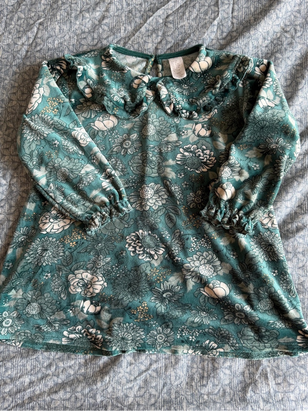H&M Teal Floral Ruffle-Neck Velveteen Long Sleeve Tunic Dress